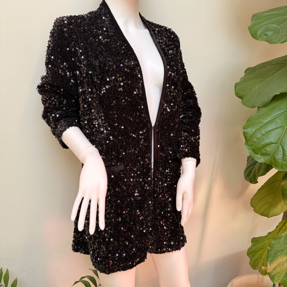 NWOT Black Velvet Sequin Blazer Jacket with Pockets